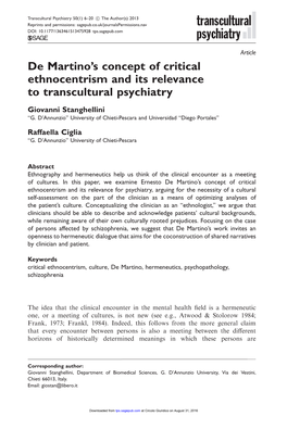 De Martino's Concept of Critical Ethnocentrism and Its Relevance To