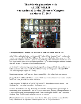 Interview with ALLEE WILLIS Was Conducted by the Library of Congress on March 27, 2019