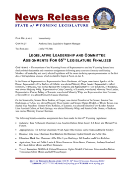 Legislative Leadership and Committee Assignments for 65Th Legislature Finalized