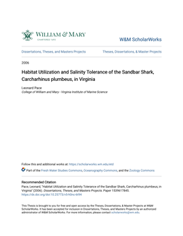 Habitat Utilization and Salinity Tolerance of the Sandbar Shark, Carcharhinus Plumbeus, in Virginia