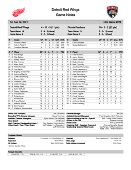 Detroit Red Wings Game Notes