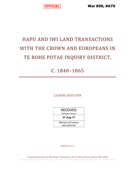 Hapu and Iwi Land Transactions with the Crown and Europeans in Te Rohe Potae Inquiry District