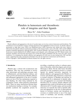 Platelets in Hemostasis and Thrombosis: Role of Integrins And