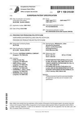 Process for Producing Polyethylene Verfahren Zur Herstellung Von Polyethylen Procede De Production De Polyethylene