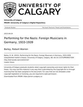 Performing for the Nazis: Foreign Musicians in Germany, 1933-1939