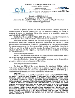 Decizia Nr. 390/09.05.2019 Privind Somarea S.C. MEDIA SUD SRL Alexandria, Str. Libertăţii Nr.185, Bl.A5,Sc. A, Et.6, Ap.17, Jud