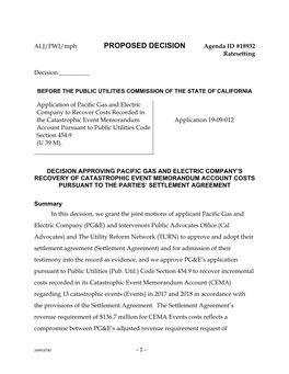 PROPOSED DECISION Agenda ID #18932 Ratesetting