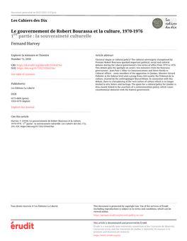 Le Gouvernement De Robert Bourassa Et La Culture, 1970-1976 : 1Re Partie : La Souveraineté Culturelle