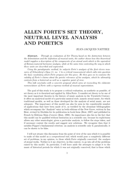 Allen Forte's Set Theory, Neutral Level Analysis and Poietics