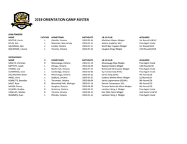2019 Orientation Camp Roster
