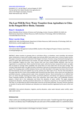 Water Transfers from Agriculture to Cities in the Pangani River Basin, Tanzania
