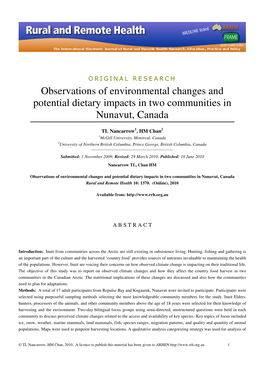 Observations of Environmental Changes and Potential Dietary Impacts in Two Communities in Nunavut, Canada