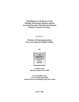 Draft Report on the Review of the Monthly Performance Reports and the Associated Incentive Plan Payment Reports Filed by Verizon New Jersey