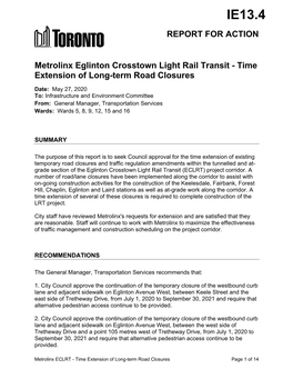 Metrolinx Eglinton Crosstown Light Rail Transit - Time Extension of Long-Term Road Closures