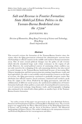 Salt and Revenue in Frontier Formation: State Mobilized Ethnic Politics in the Yunnan-Burma Borderland Since the 1720S∗