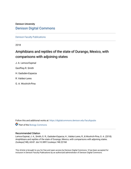 Amphibians and Reptiles of the State of Durango, Mexico, with Comparisons with Adjoining States