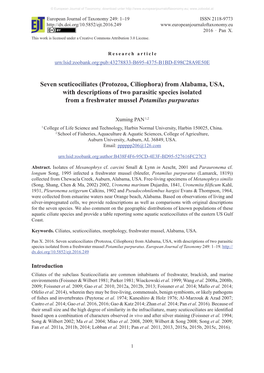 Seven Scuticociliates (Protozoa, Ciliophora) from Alabama, USA, with Descriptions of Two Parasitic Species Isolated from a Freshwater Mussel Potamilus Purpuratus