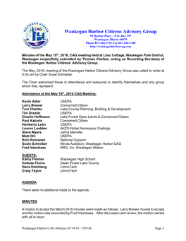 Waukegan Harbor Citizens Advisory Group 55 Harbor Place – P.O