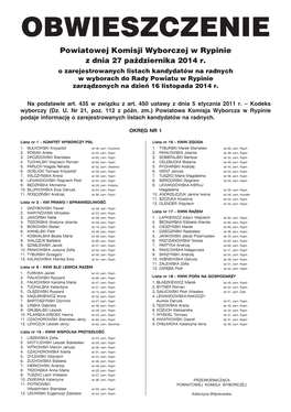 Powiatowej Komisji Wyborczej W Rypinie Z Dnia 27 Października 2014 R