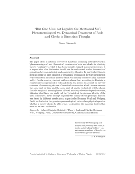 Phenomenological Vs. Dynamical Treatment of Rods and Clocks in Einstein’S Thought