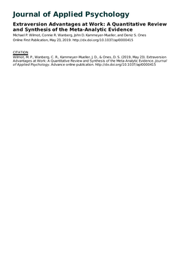 Journal of Applied Psychology Extraversion Advantages at Work: a Quantitative Review and Synthesis of the Meta-Analytic Evidence Michael P