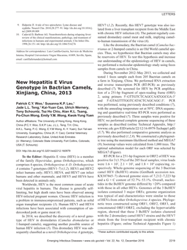 New Hepatitis E Virus Genotype in Bactrian Camels, Xinjiang, China, 2013