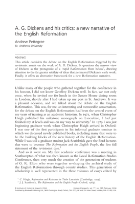 A. G. Dickens and His Critics: a New Narrative of the English Reformation