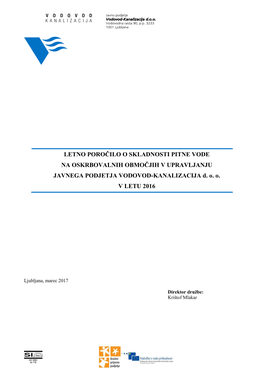 LETNO POROČILO O SKLADNOSTI PITNE VODE NA OSKRBOVALNIH OBMOČJIH V UPRAVLJANJU JAVNEGA PODJETJA VODOVOD-KANALIZACIJA D