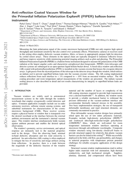 Arxiv:2103.07936V1 [Astro-Ph.IM] 14 Mar 2021 the Window’S Geometry, Service Environment, and Optical Microwave Through Sub-Millimeter Wavelengths