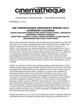 Uw Cinematheque Announces Spring 2013