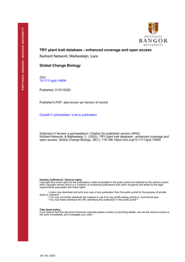 TRY Plant Trait Database – Enhanced Coverage and Open Access