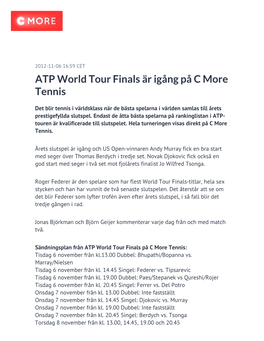 ATP World Tour Finals Är Igång På C More Tennis