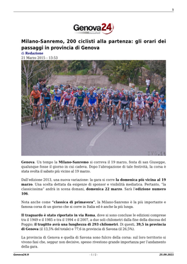 Milano-Sanremo, 200 Ciclisti Alla Partenza: Gli Orari Dei Passaggi in Provincia Di Genova Di Redazione 21 Marzo 2015 – 13:53