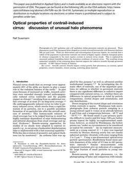 Optical Properties of Contrail-Induced Cirrus: Discussion of Unusual Halo Phenomena