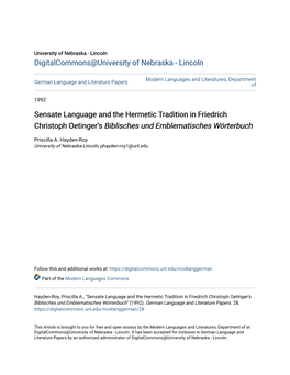 Sensate Language and the Hermetic Tradition in Friedrich Christoph Oetinger's Biblisches Und Emblematisches Wörterbuch