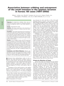 Association Between Cribbing and Entrapment of the Small Intestine in the Epiploic Foramen in Horses: 68 Cases (1991–2002)