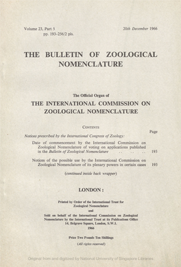 The Bulletin of Zoological Nomenclature, Vol.23, Part 5