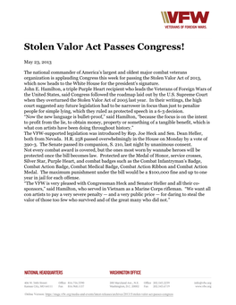 Stolen Valor Act Passes Congress!