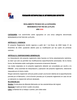 Monomarca Fiat Rio De La Plata Reglamento Tecnico 2020