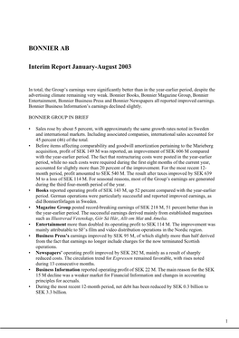 BONNIER AB Interim Report January-August 2003