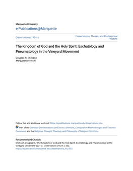 Eschatology and Pneumatology in the Vineyard Movement