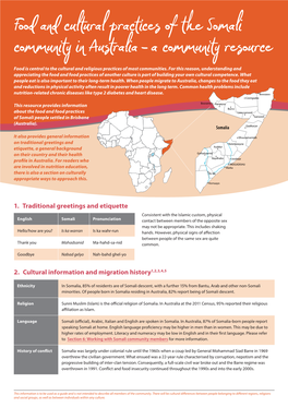 Somali Community in Australia – a Community Resource Food Is Central to the Cultural and Religious Practices of Most Communities