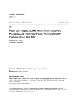 African American Women, Mississippi, and the History of Crime and Punishment in Parchman Prison, 1890-1980