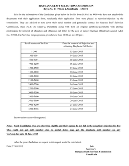 HARYANA STAFF SELECTION COMMISSION Bays No. 67-70,Sec-2,Panchkula - 134151