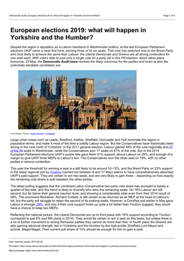 Democratic Audit: European Elections 2019: What Will Happen in Yorkshire and the Humber? Page 1 of 6
