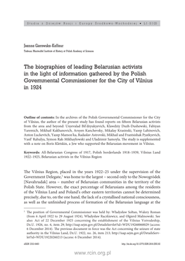 The Biographies of Leading Belarusian Activists in the Light of Information Gathered by the Polish Governmental Commissioner for the City of Vilnius in 1924