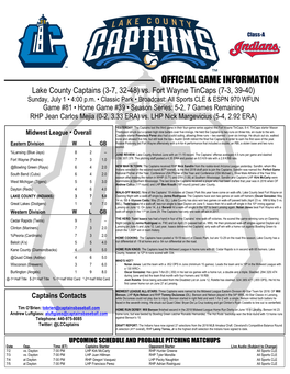 OFFICIAL GAME INFORMATION Lake County Captains (3-7, 32-48) Vs