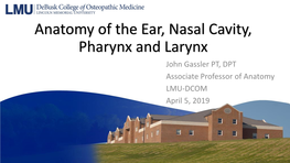 Anatomy of the Ear, Nasal Cavity, Pharynx and Larynx John Gassler PT, DPT Associate Professor of Anatomy LMU-DCOM April 5, 2019 Objectives