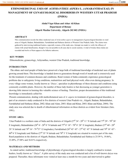 Ethnomedicinal Uses of Achyranthes Aspera L. (Amaranthaceae) in Management of Gynaecological Disorders in Western Uttar Pradesh (India)