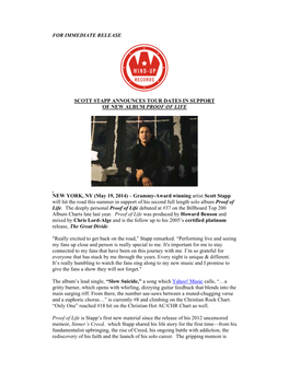 For Immediate Release Scott Stapp Announces Tour